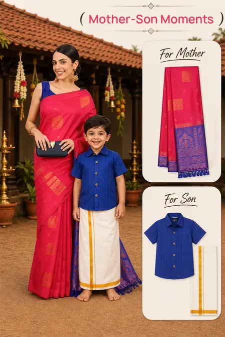 Mom & Son Twinning Combo – Saree with Shirt & Dhoti Set