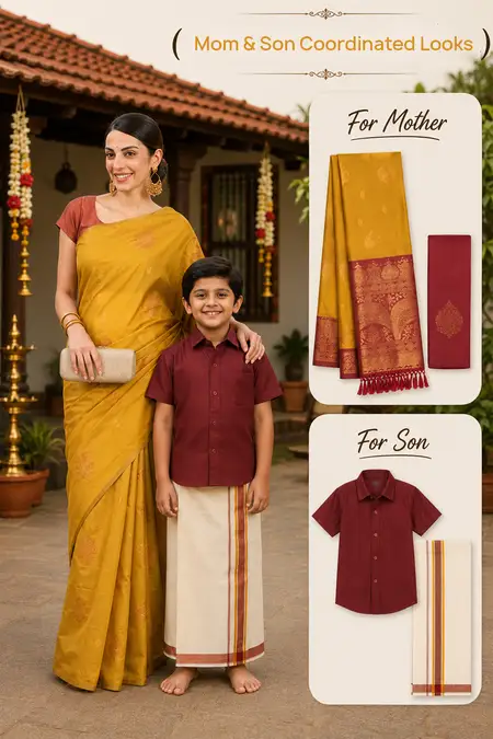 Mom & Son Twinning Combo – Saree with Shirt & Dhoti Set