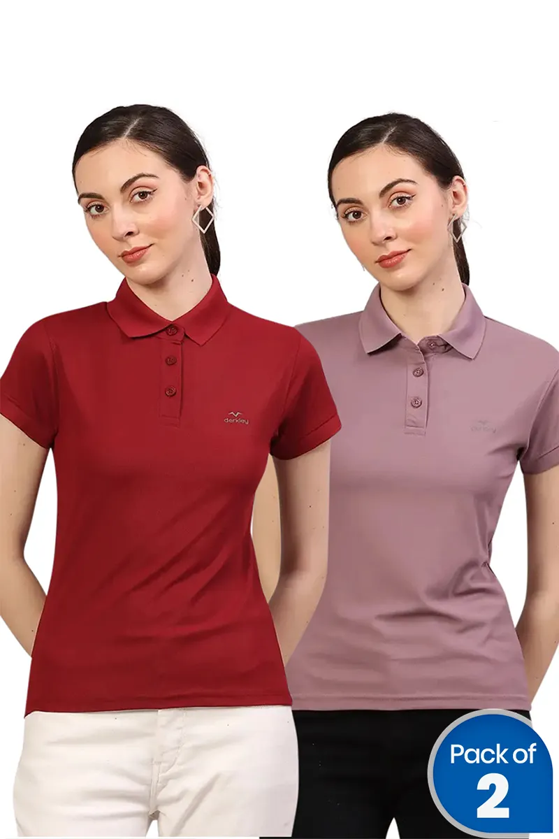 Cotton Blend Solid Polo T-Shirt for Women - Pack of 2 CLWCOM0095MULXL