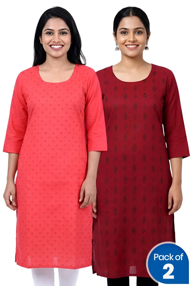 Cotton Blend Printed Kurti for Women - Pack of 2 