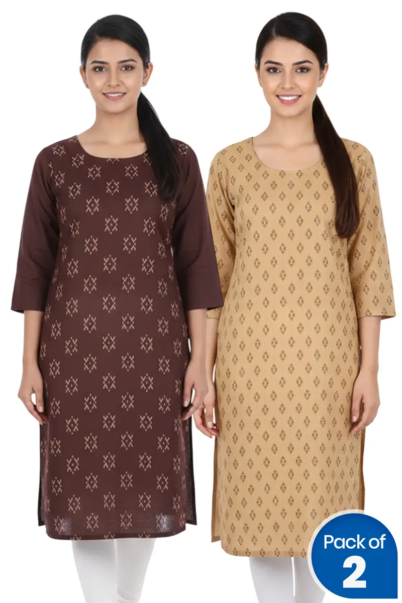 Cotton Blend Printed Kurti for Women - Pack of 2 