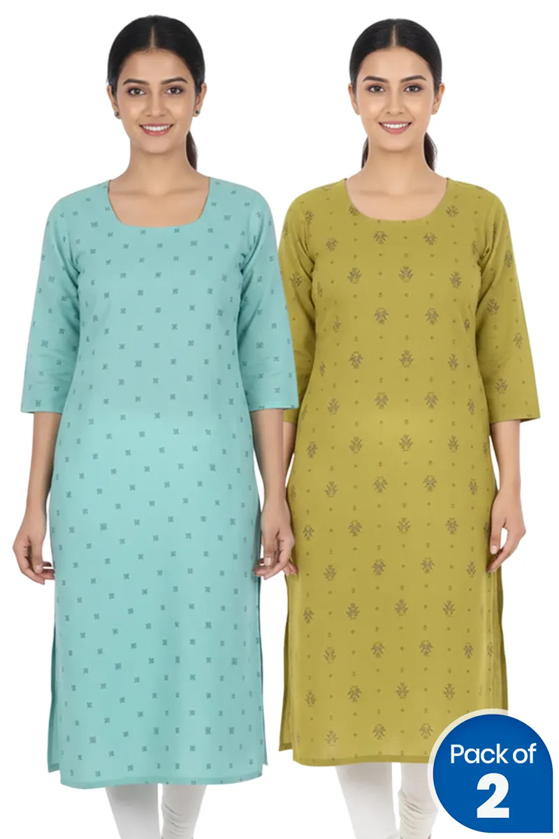 Cotton Blend Printed Kurti for Women - Pack of 2 