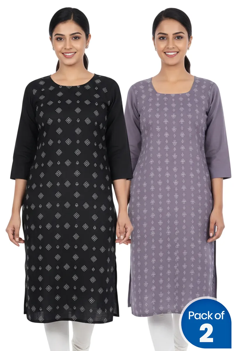 Cotton Blend Printed Kurti for Women - Pack of 2