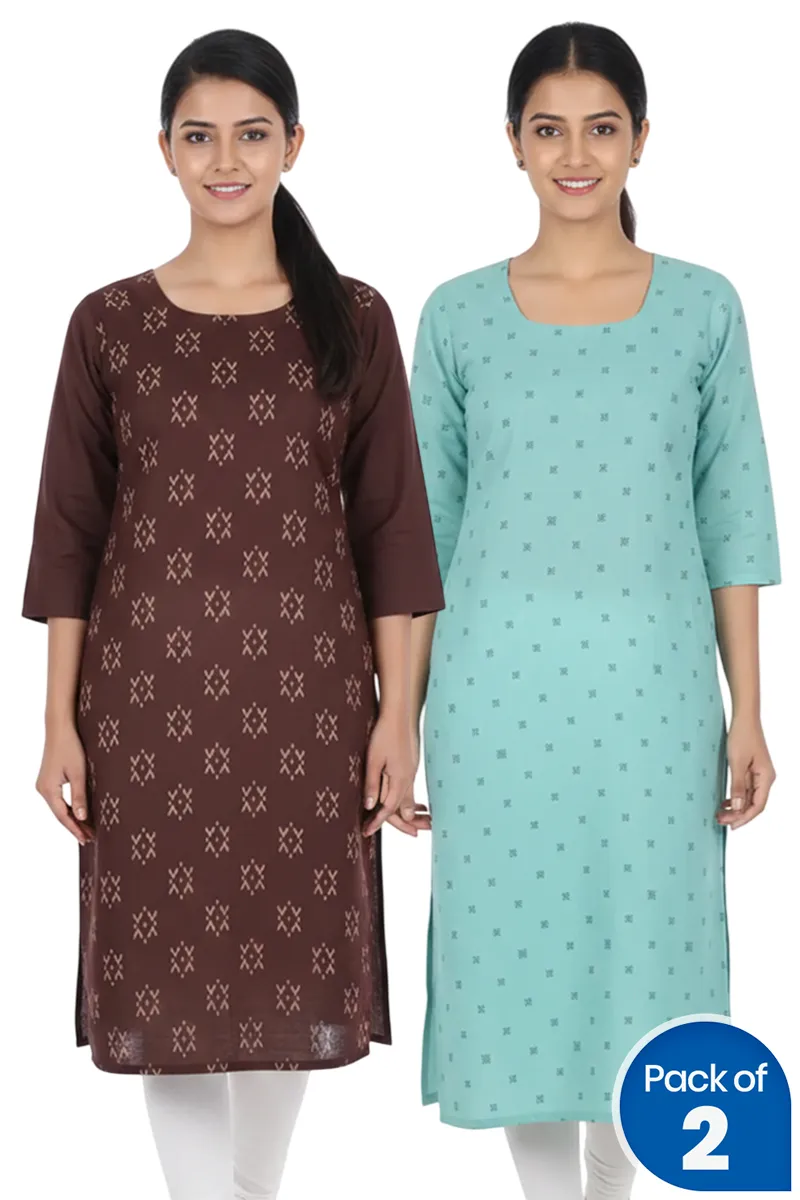 Cotton Blend Printed Kurti for Women - Pack of 2