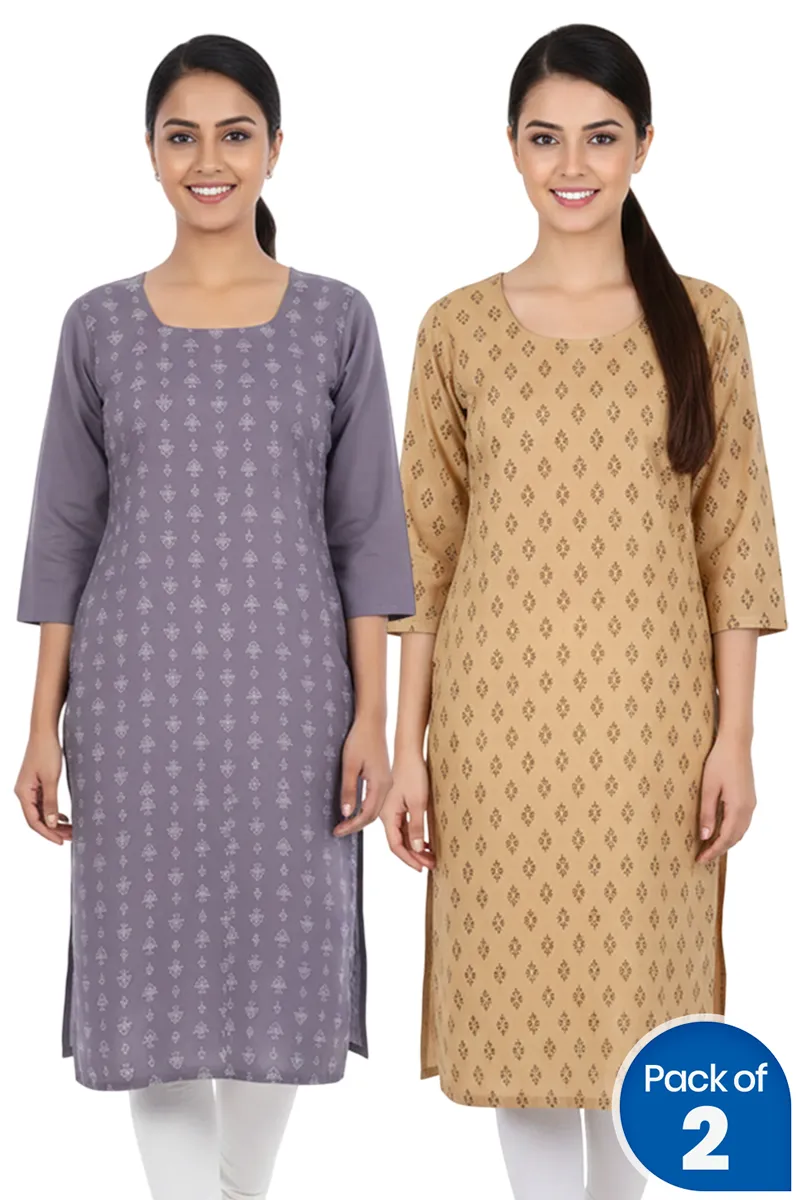 Cotton Blend Printed Kurti for Women - Pack of 2