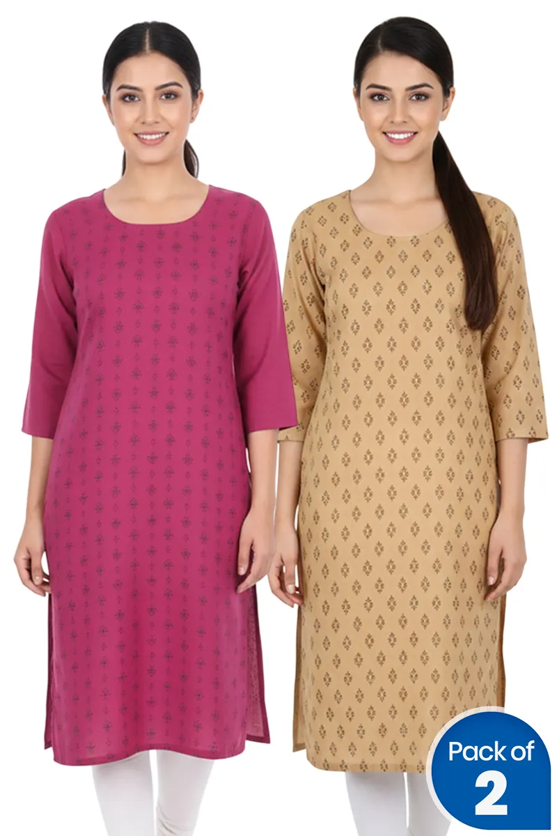 Cotton Blend Printed Kurti for Women - Pack of 2 