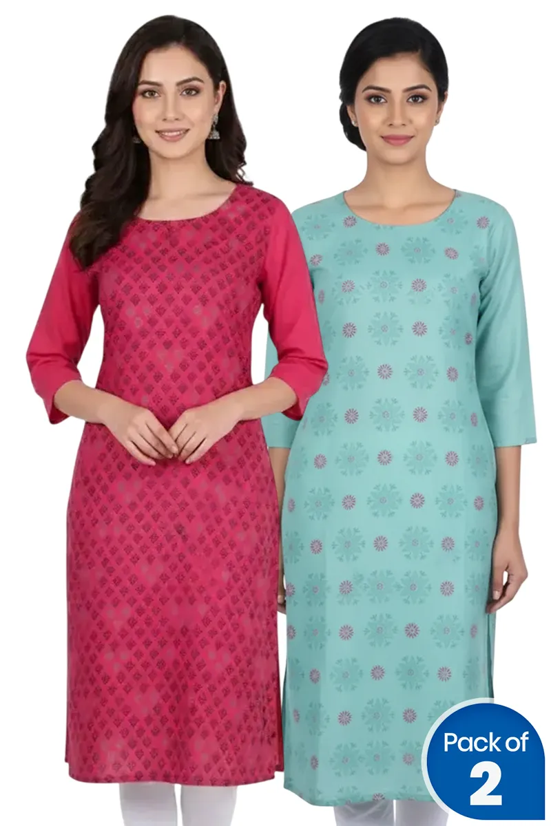 Cotton Blend Printed Kurti for Women - Pack of 2 