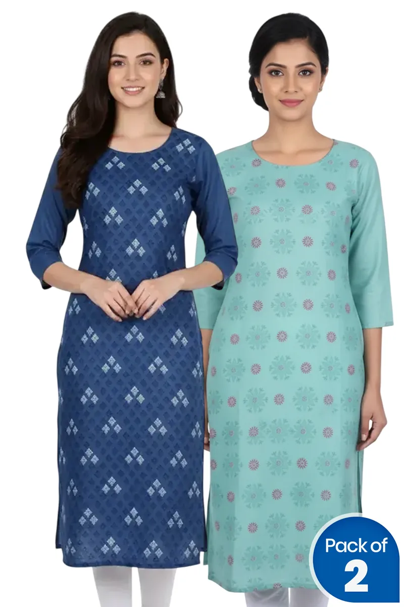 Cotton Blend Printed Kurti for Women - Pack of 2