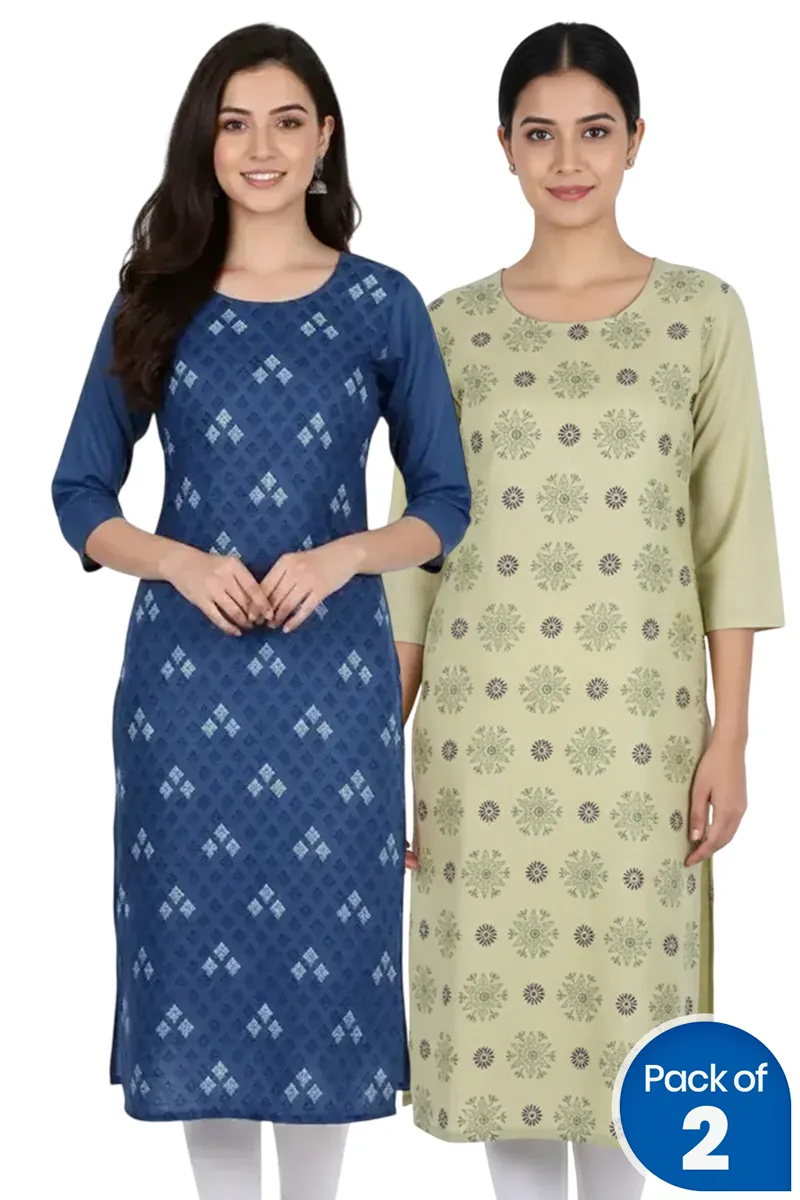 Cotton Blend Printed Kurti for Women - Pack of 2 