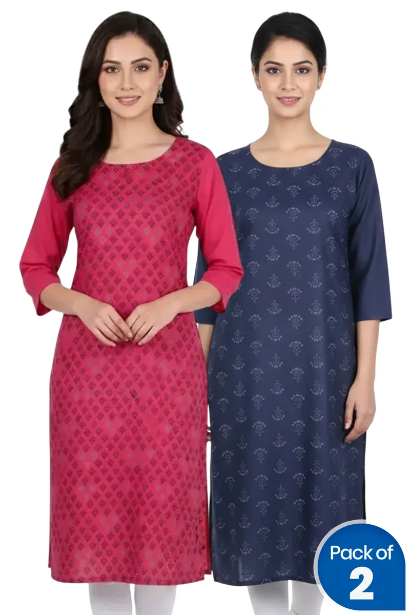 Cotton Blend Printed Kurti for Women - Pack of 2