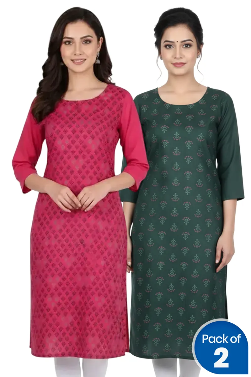 Cotton Blend Printed Kurti for Women - Pack of 2 