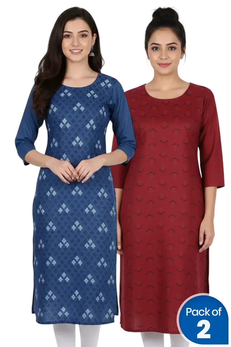 Cotton Blend Printed Kurti for Women - Pack of 2 