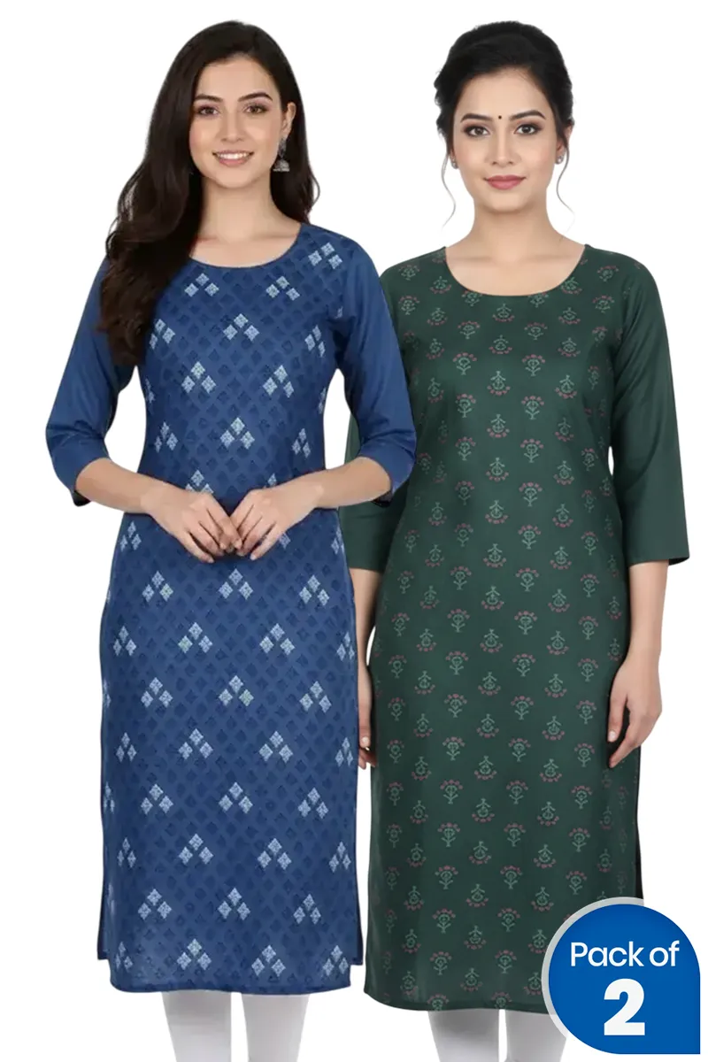 Cotton Blend Printed Kurti for Women - Pack of 2