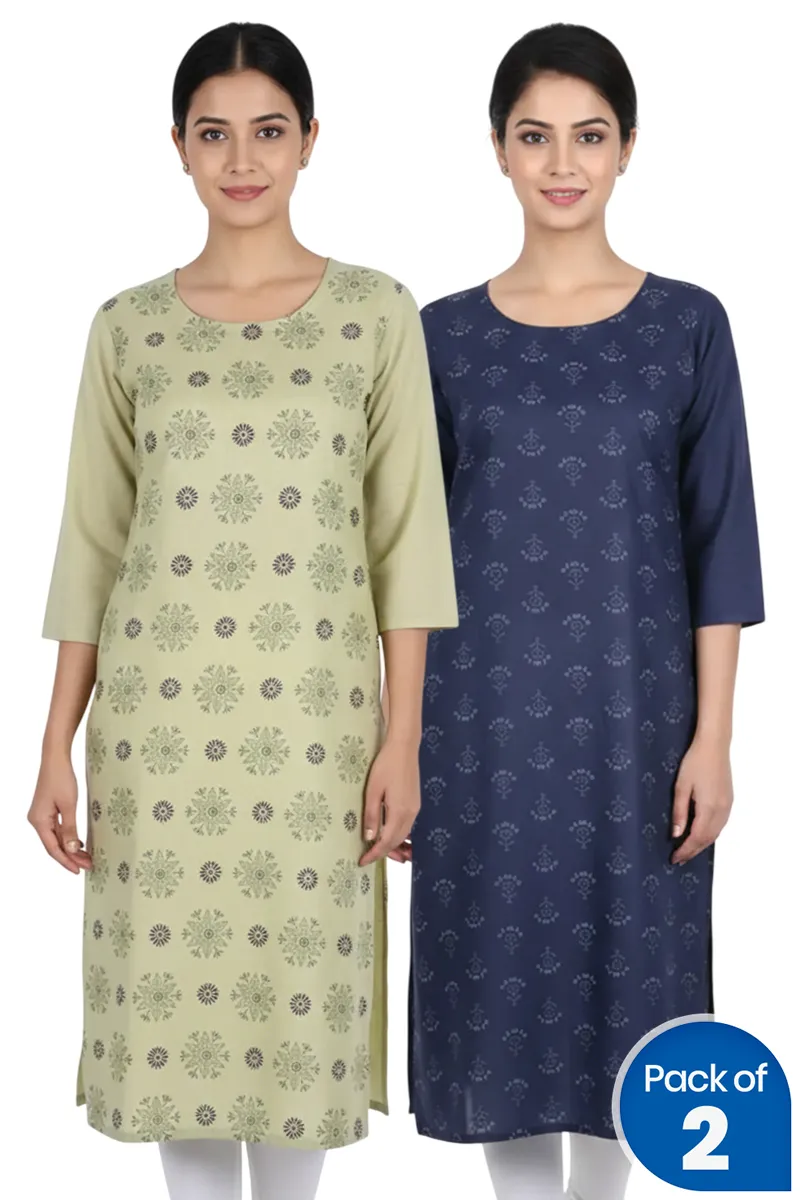 Cotton Blend Printed Kurti for Women - Pack of 2 
