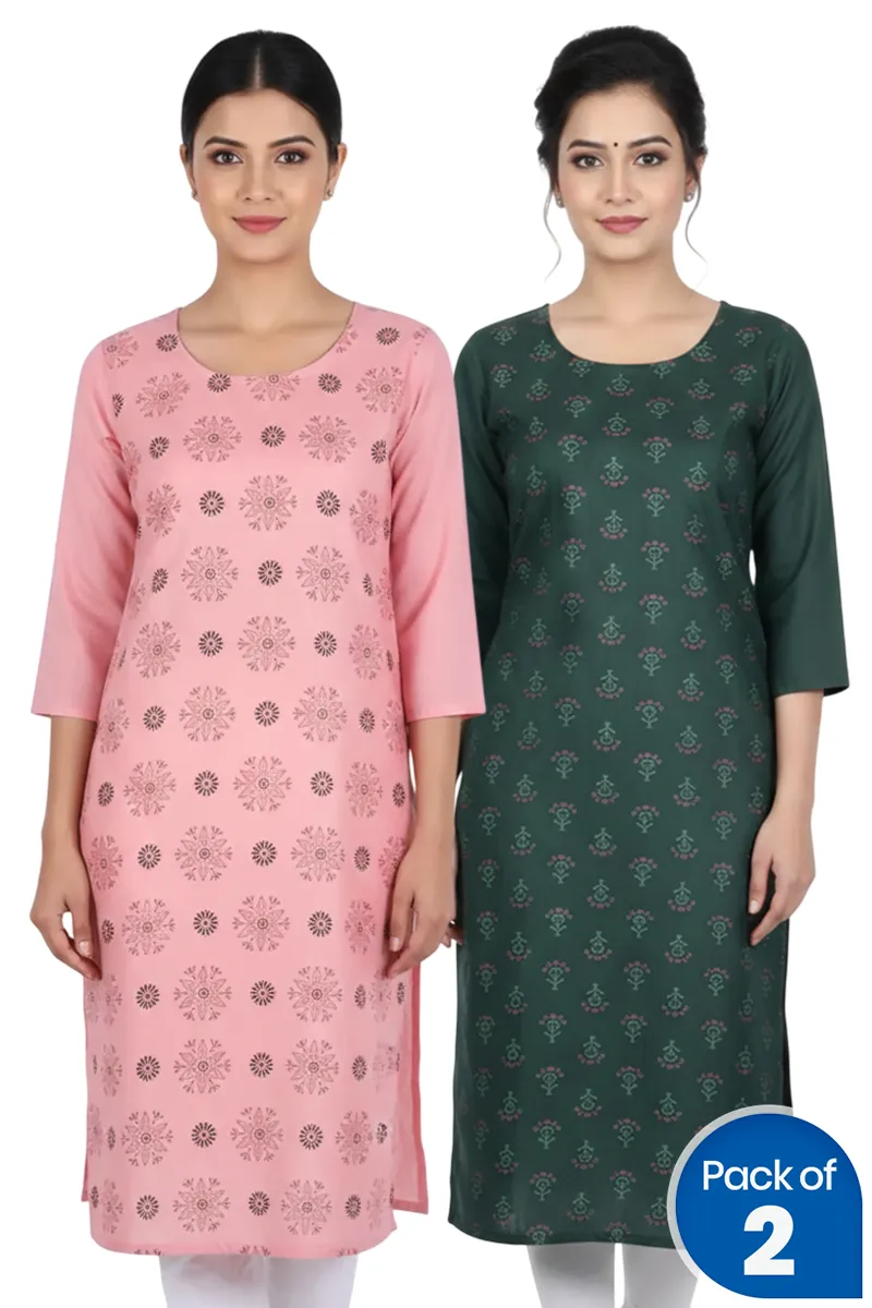 Cotton Blend Printed Kurti for Women - Pack of 2