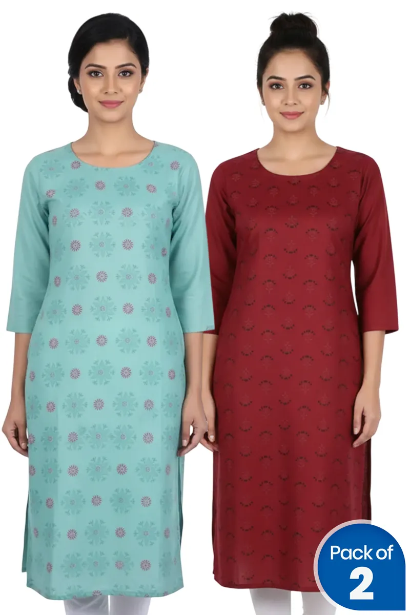 Cotton Blend Printed Kurti for Women - Pack of 2 CLWCOM170MULM
