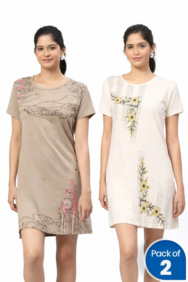 Cotton Printed Night Dress for Women - Pack of 2