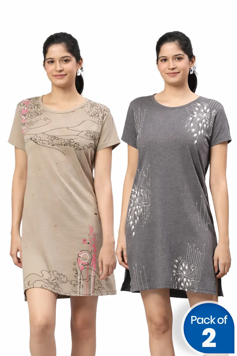 Cotton Printed Night Dress for Women - Pack of 2
