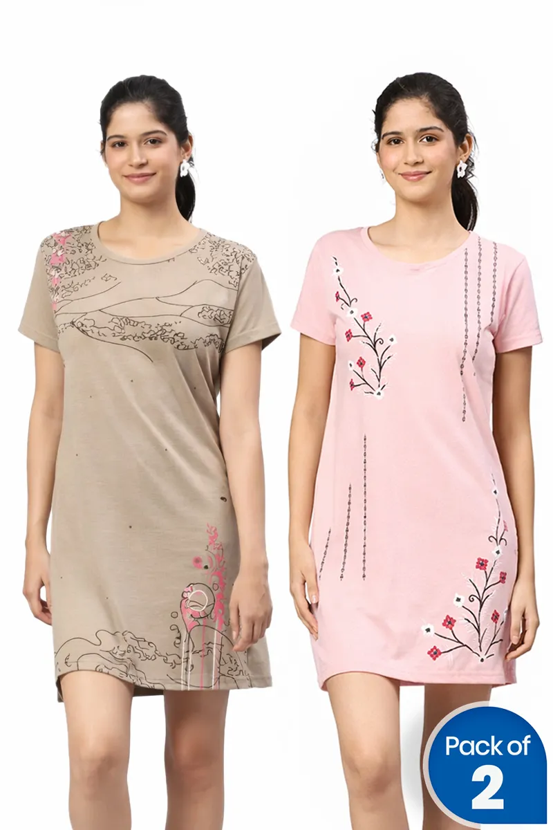 Cotton Printed Night Dress for Women - Pack of 2