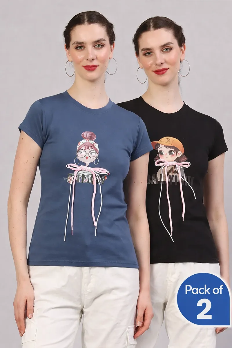 Cotton Blend Graphic Printed T-Shirt for Women - Pack of 2 CLWCOM192MULXXL