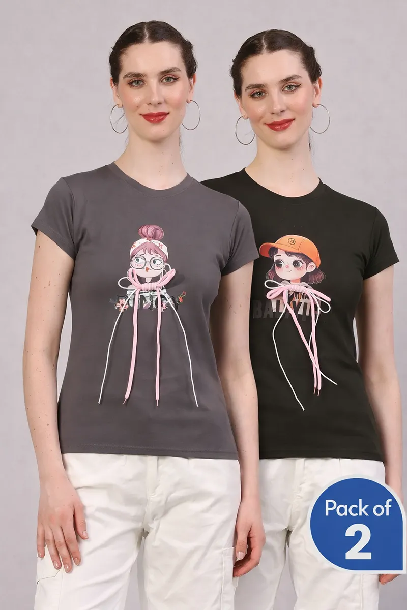 Cotton Blend Graphic Printed T-Shirt for Women - Pack of 2