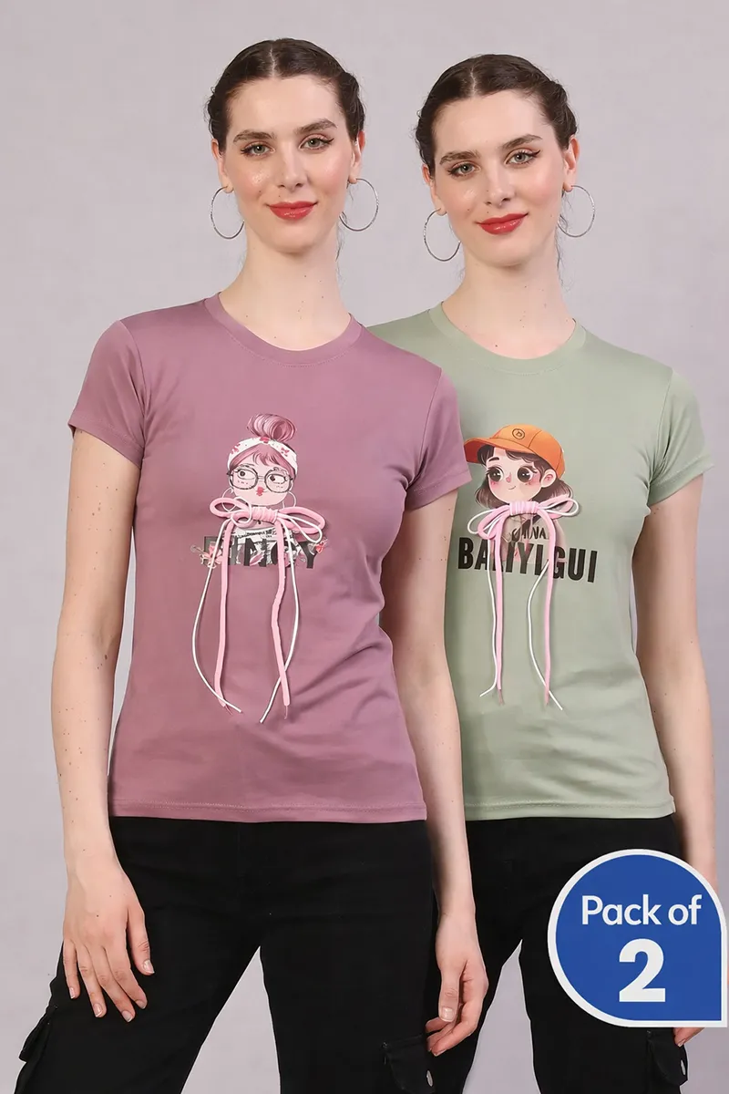 Cotton Blend Graphic Printed T-Shirt for Women - Pack of 2 