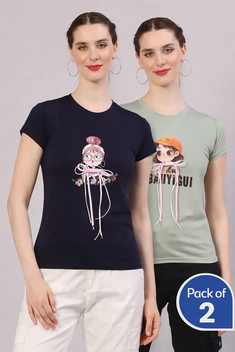 Cotton Blend Graphic Printed T-Shirt for Women - Pack of 2 