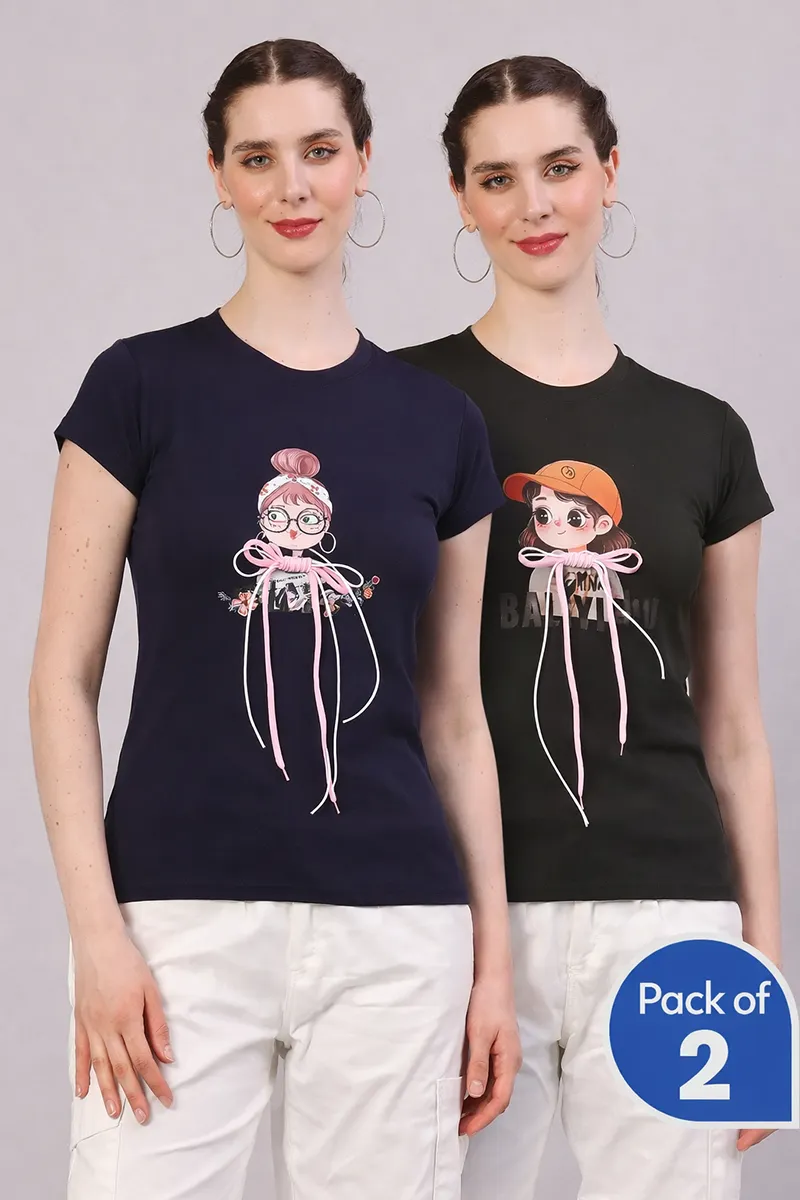 Cotton Blend Graphic Printed T-Shirt for Women - Pack of 2 