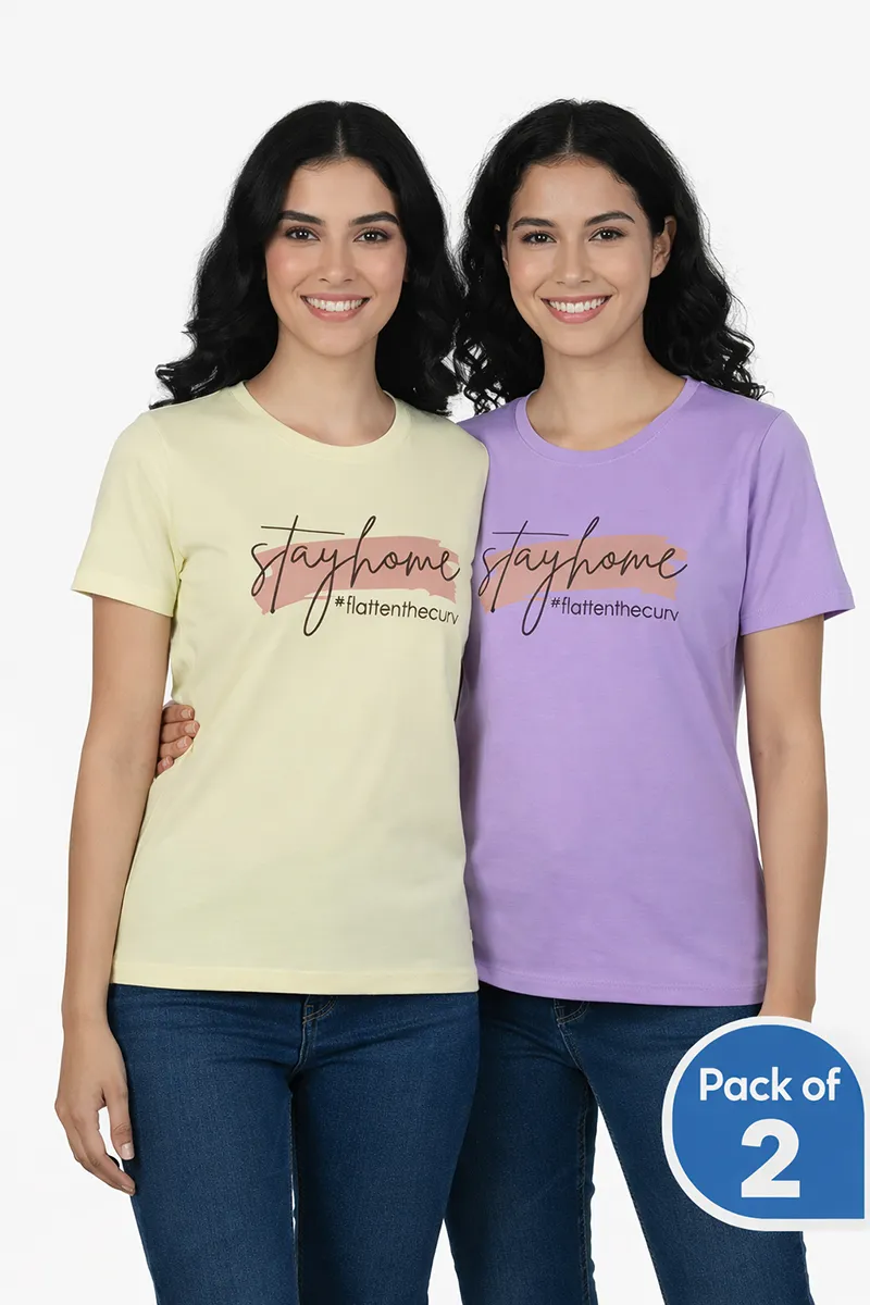 Lycra Typographic Print T-Shirt for Women -Pack of 2