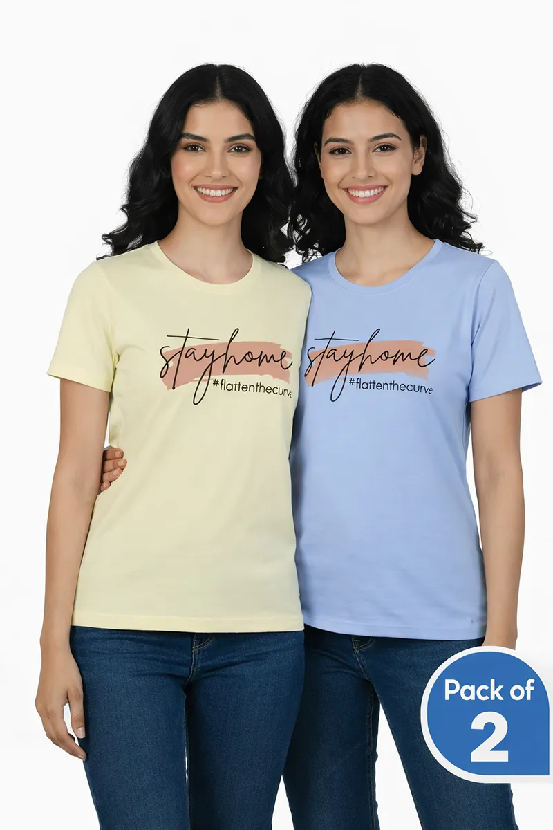 Lycra Typographic Print T-Shirt for Women -Pack of 2