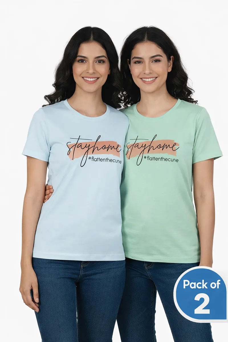 Lycra Typographic Print T-Shirt for Women -Pack of 2
