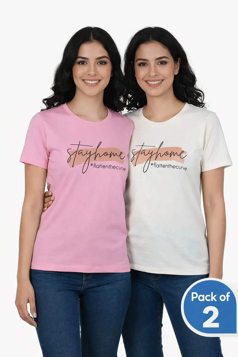 Lycra Typographic Print T-Shirt for Women -Pack of 2 