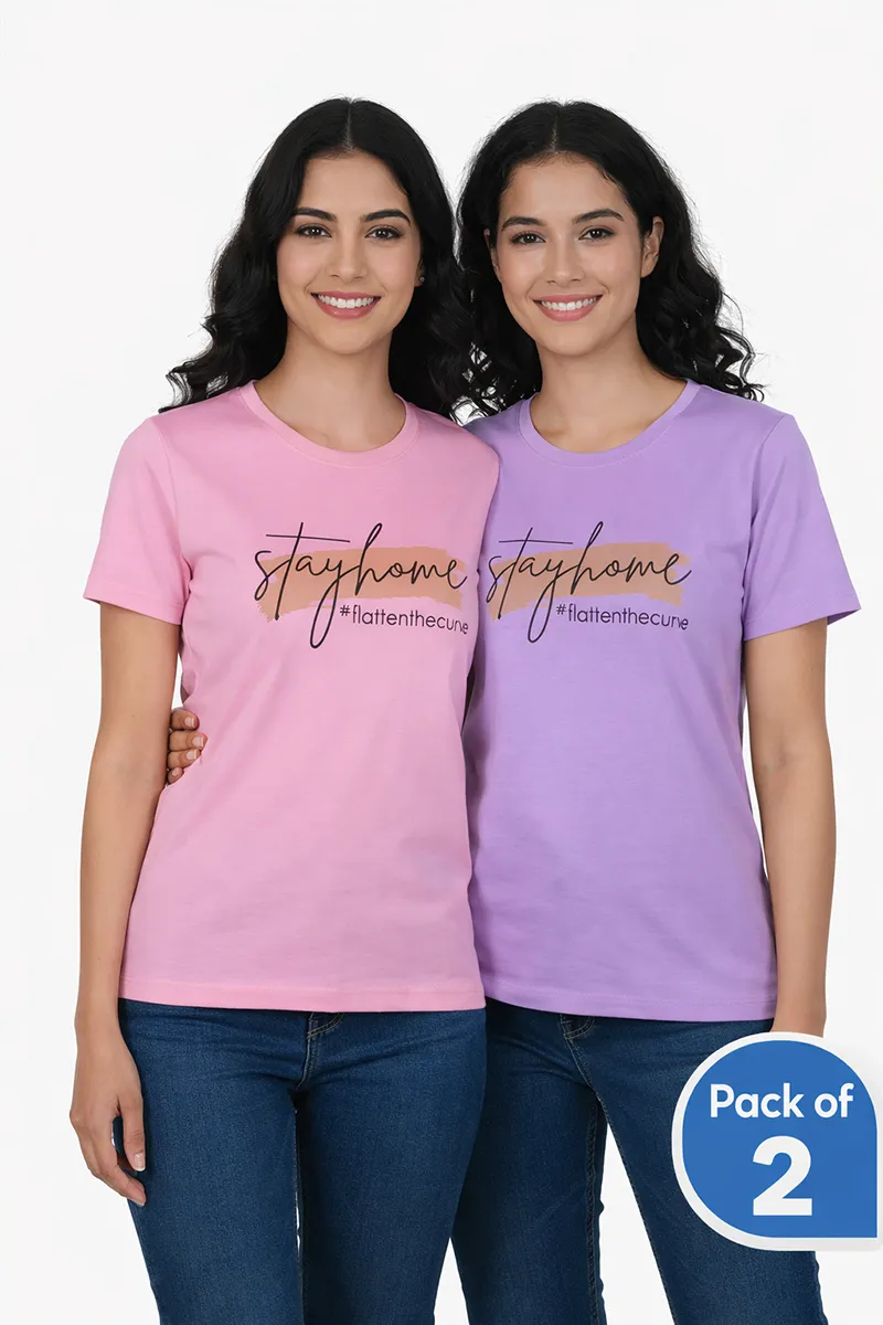 Lycra Typographic Print T-Shirt for Women -Pack of 2
