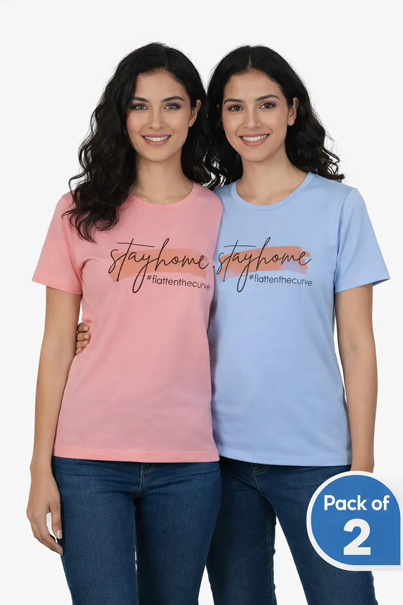 Lycra Typographic Print T-Shirt for Women -Pack of 2