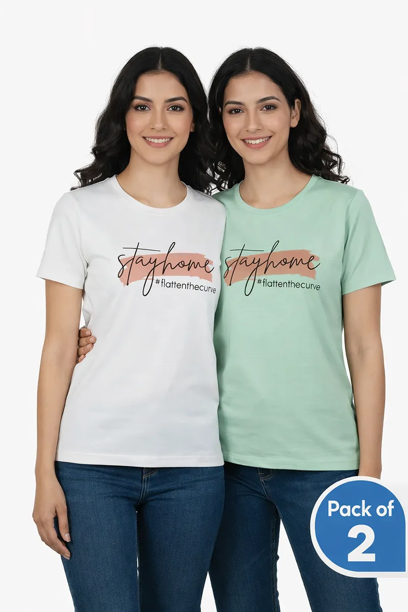 Lycra Typographic Print T-Shirt for Women -Pack of 2