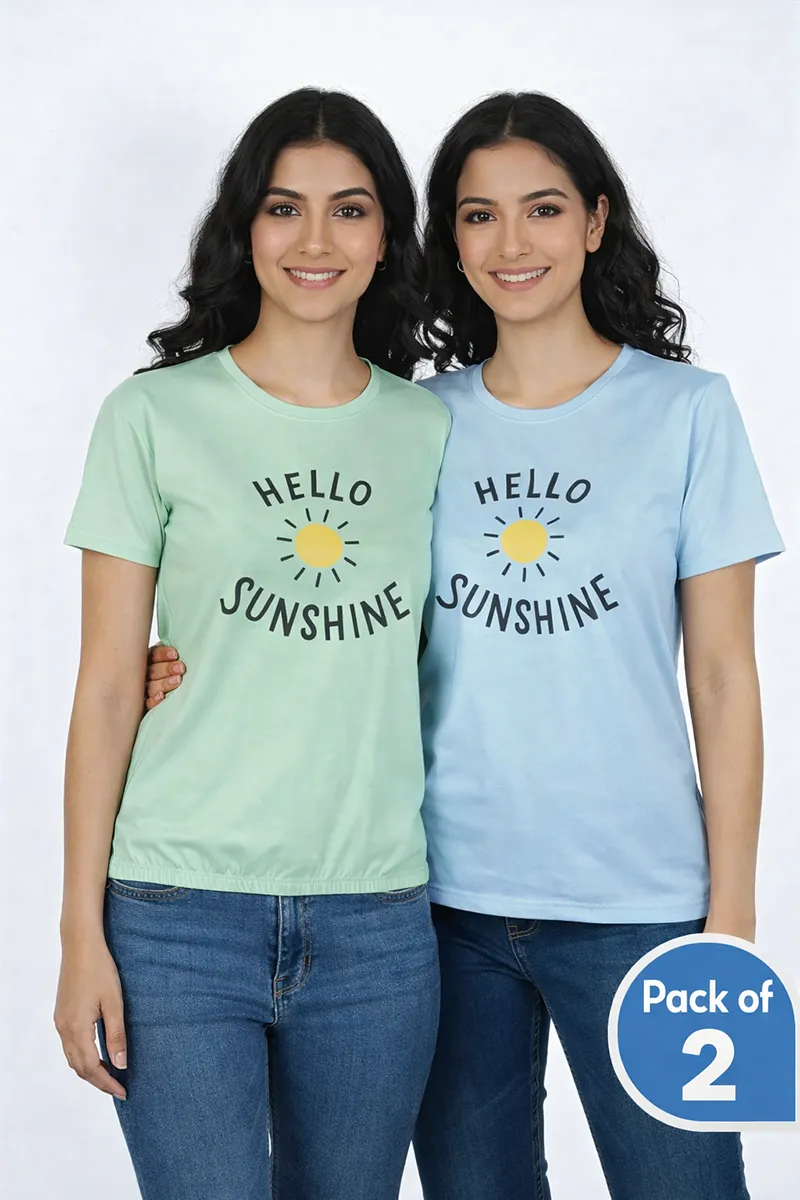 Lycra Graphic Print T-Shirt for Women - Pack of 2