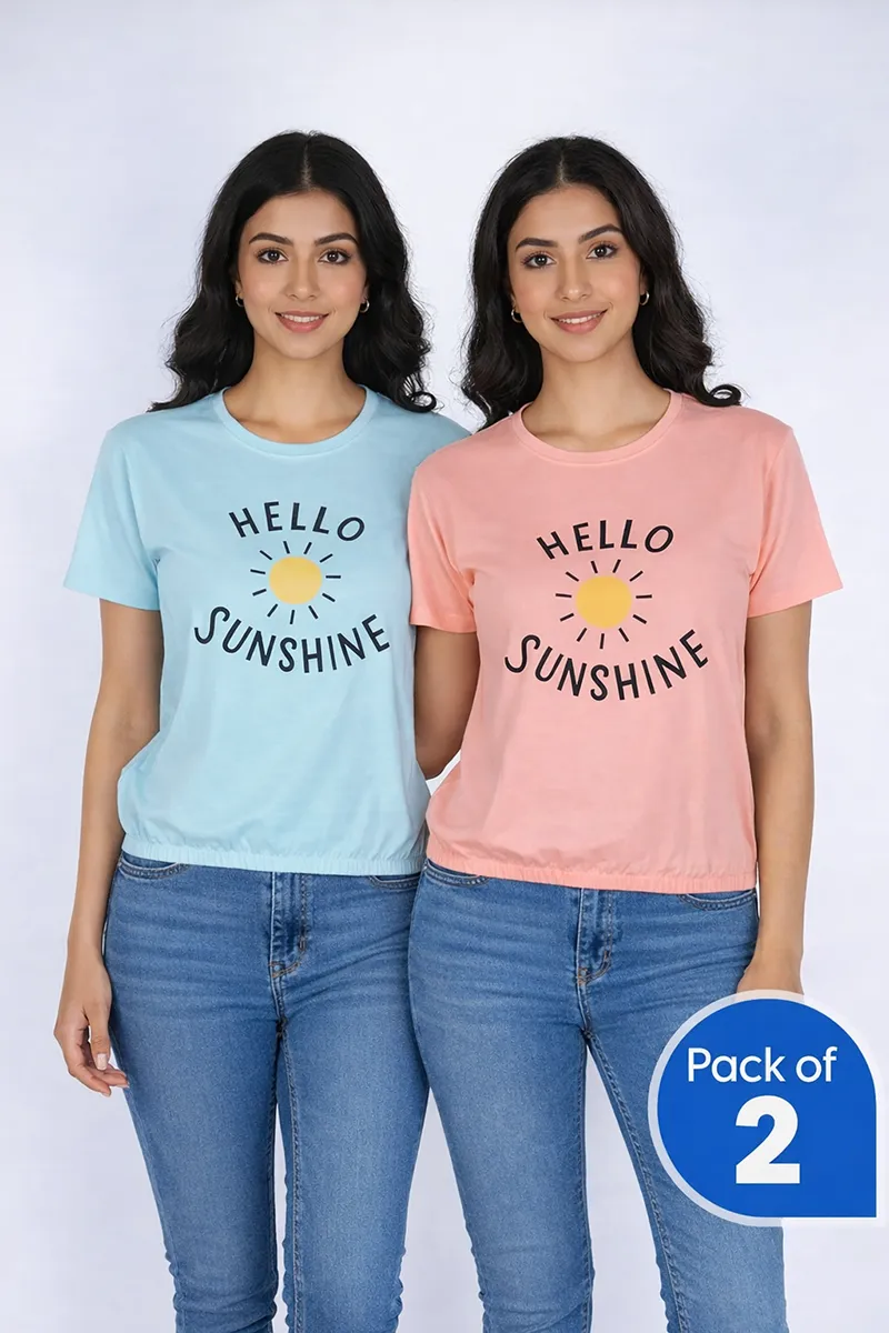 Lycra Graphic Print T-Shirt for Women - Pack of 2 