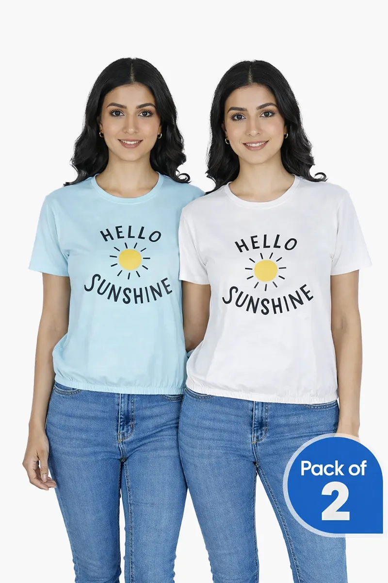 Lycra Graphic Print T-Shirt for Women - Pack of 2