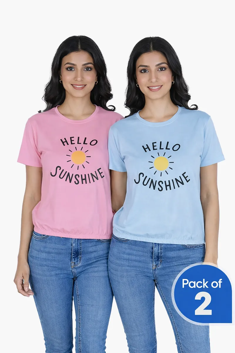Lycra Graphic Print T-Shirt for Women - Pack of 2