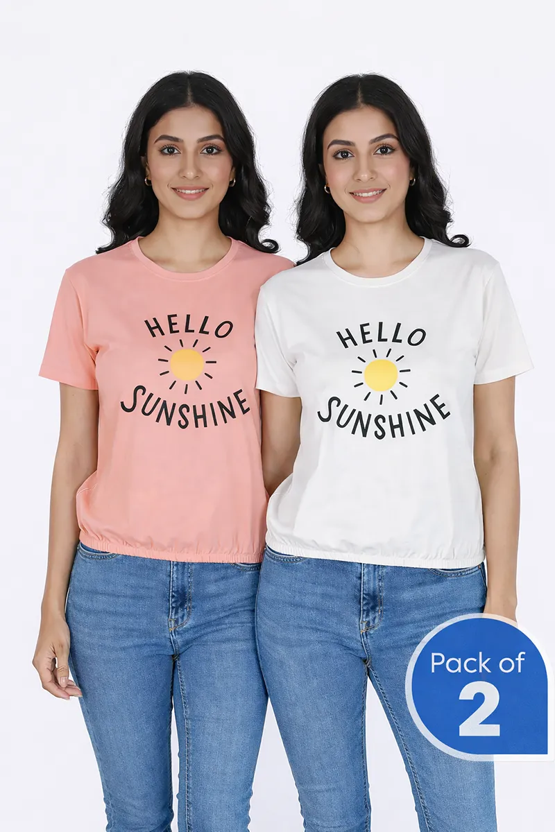 Lycra Graphic Print T-Shirt for Women - Pack of 2 CLWCOM219MULXL
