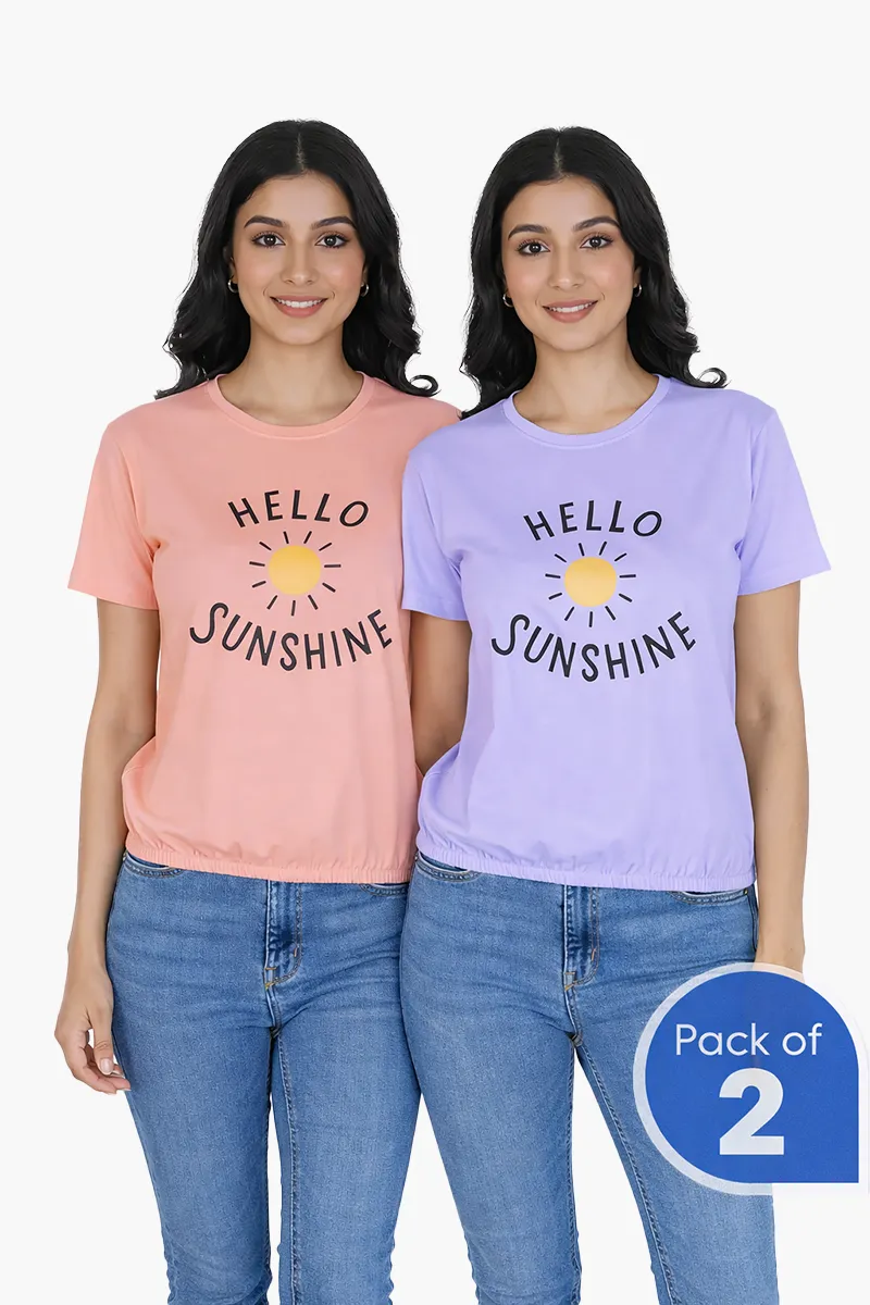 Lycra Graphic Print T-Shirt for Women - Pack of 2