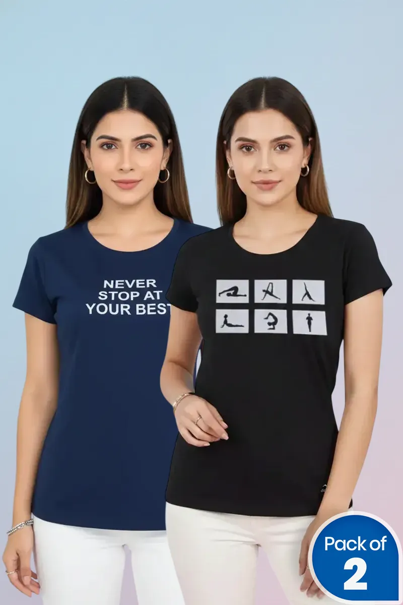 Polyester Printed T-Shirt for Women - Pack of 2