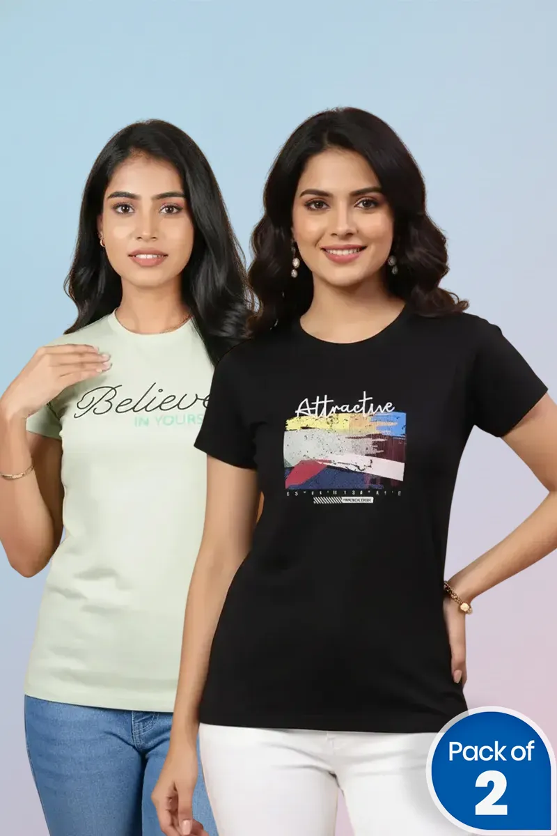 Cotton Typographic Printed T-Shirt for Women - Pack of 2