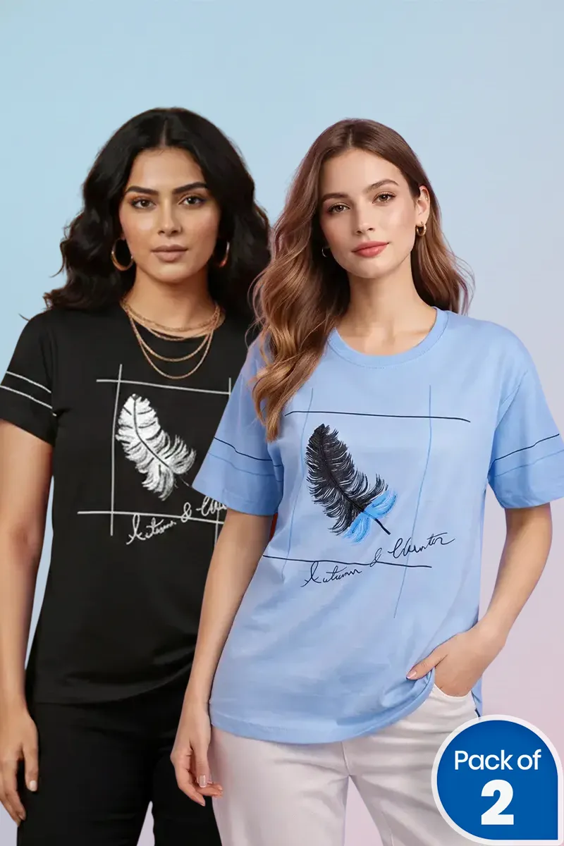 Cotton Botanical Printed Plus Size T-Shirt for Women - Pack of 2