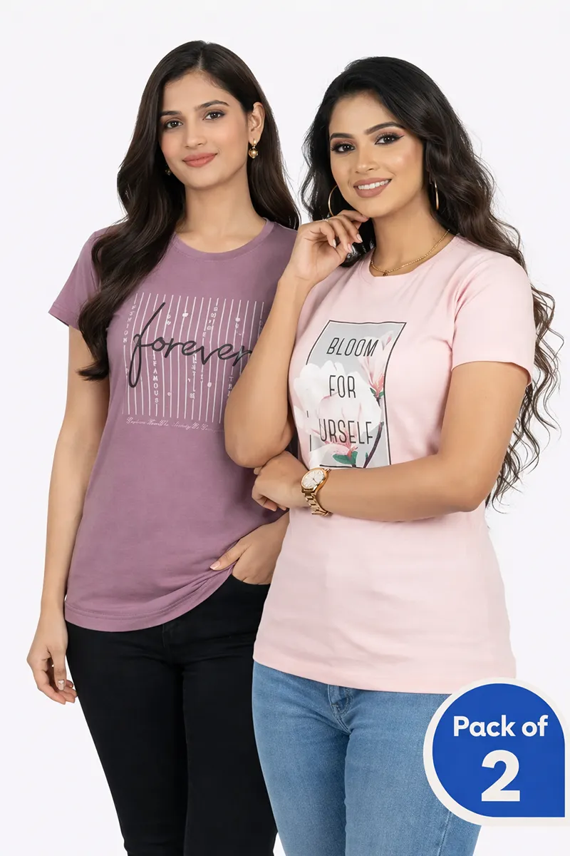 Cotton Typographic Printed T-Shirt for Women - Pack of 2CLWCOM250MULXL