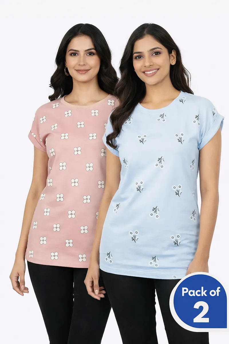 Cotton Floral Printed T-Shirt for Women  - Pack of 2