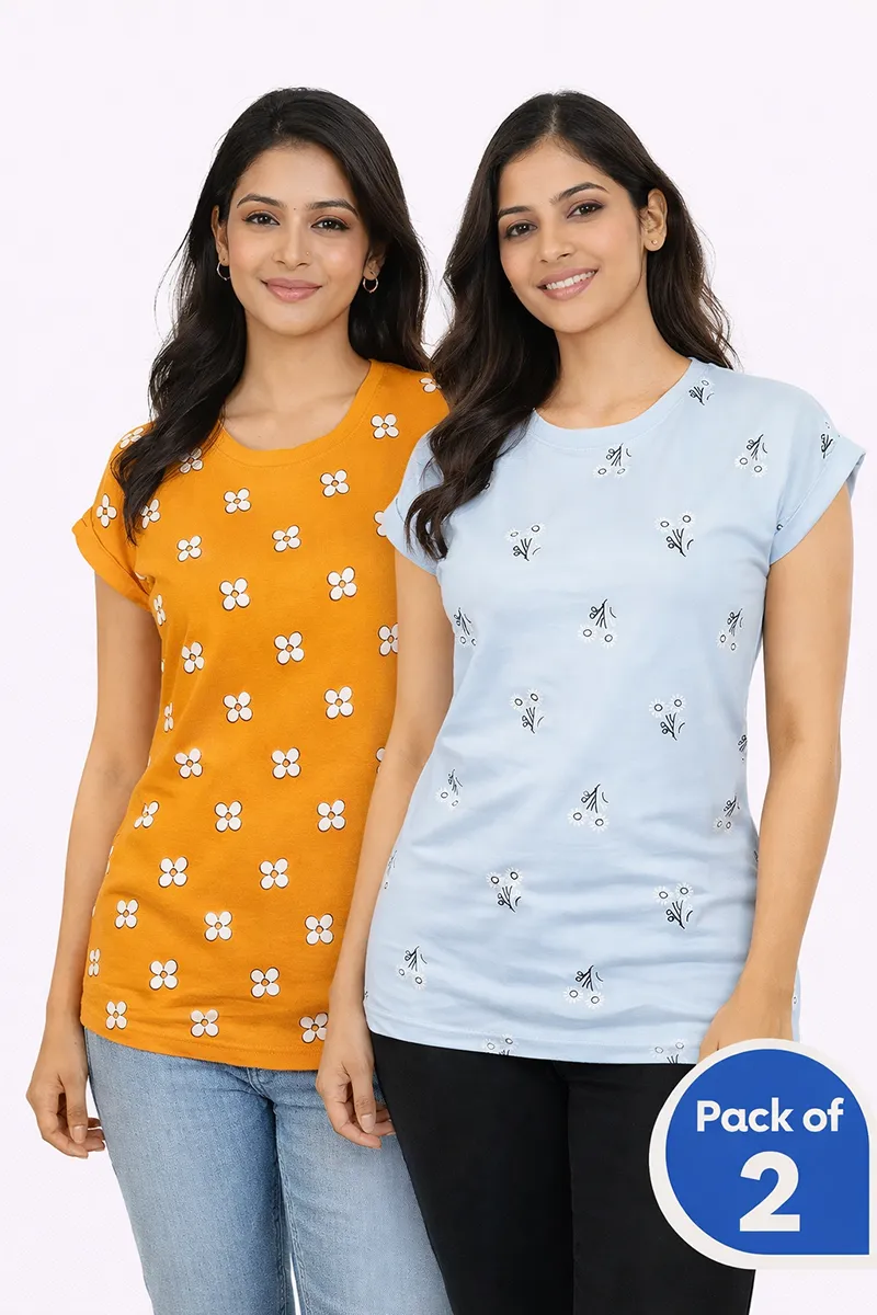 Cotton Floral Printed T-Shirt for Women  - Pack of 2