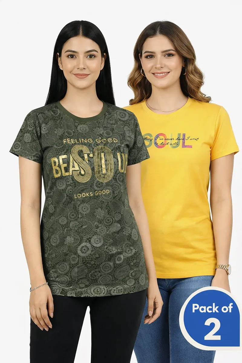 Cotton Typographic Printed T-Shirt for Women - Pack of 2 