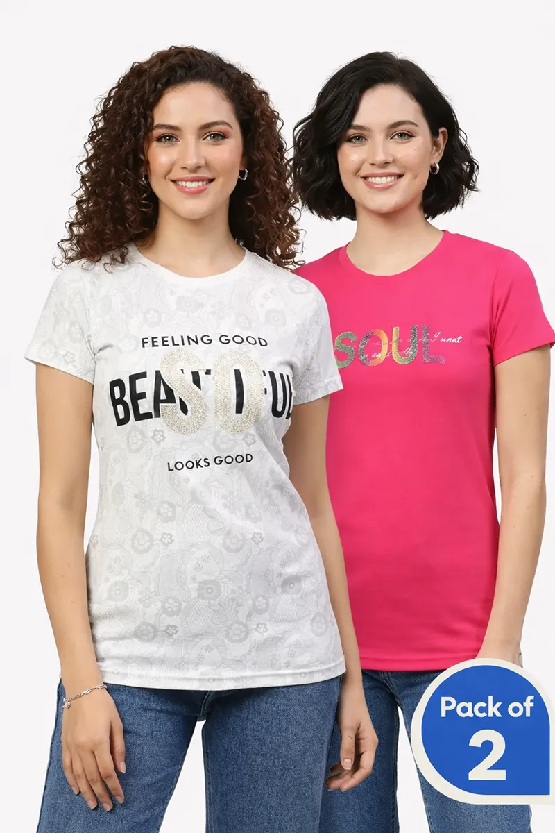Cotton Typographic Printed T-Shirt for Women - Pack of 2 