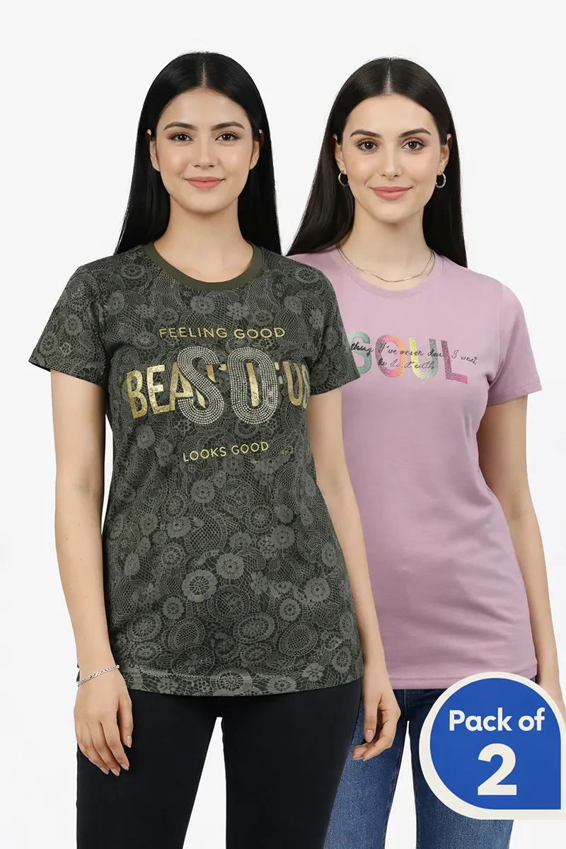 Cotton Typographic Printed T-Shirt for Women - Pack of 2 